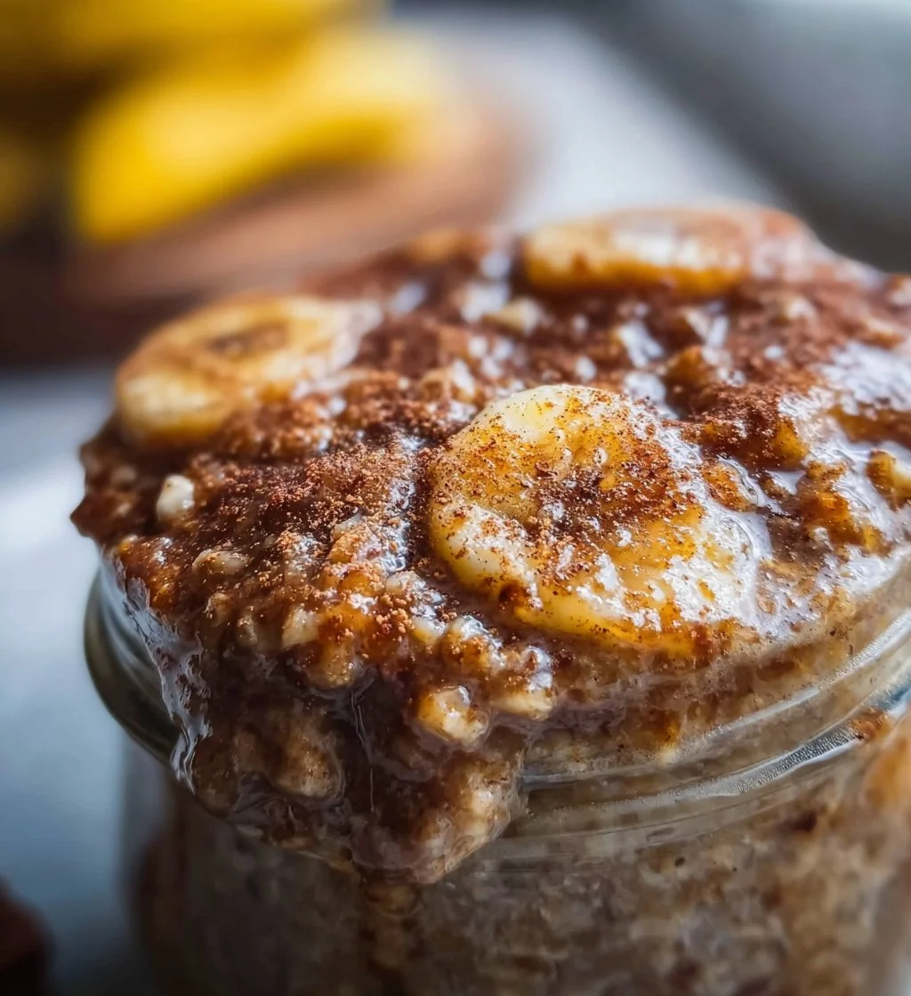 Delicious banana bread overnight oats topped with banana slices and nuts