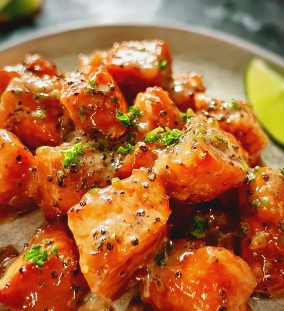Crispy Bang Bang Salmon Bites served with a dipping sauce