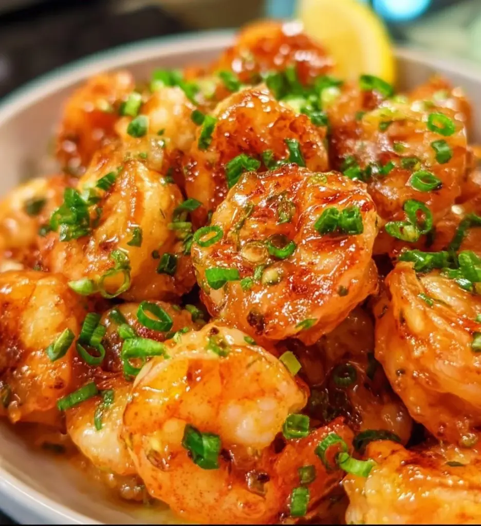 Plate of crispy Bang Bang Shrimp garnished with sesame and green onions