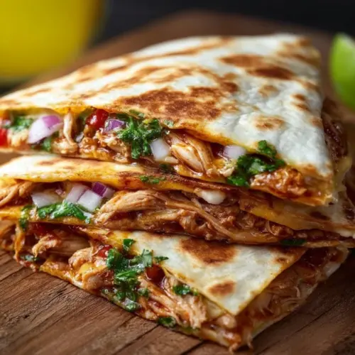 Delicious BBQ chicken quesadillas served with dipping sauce
