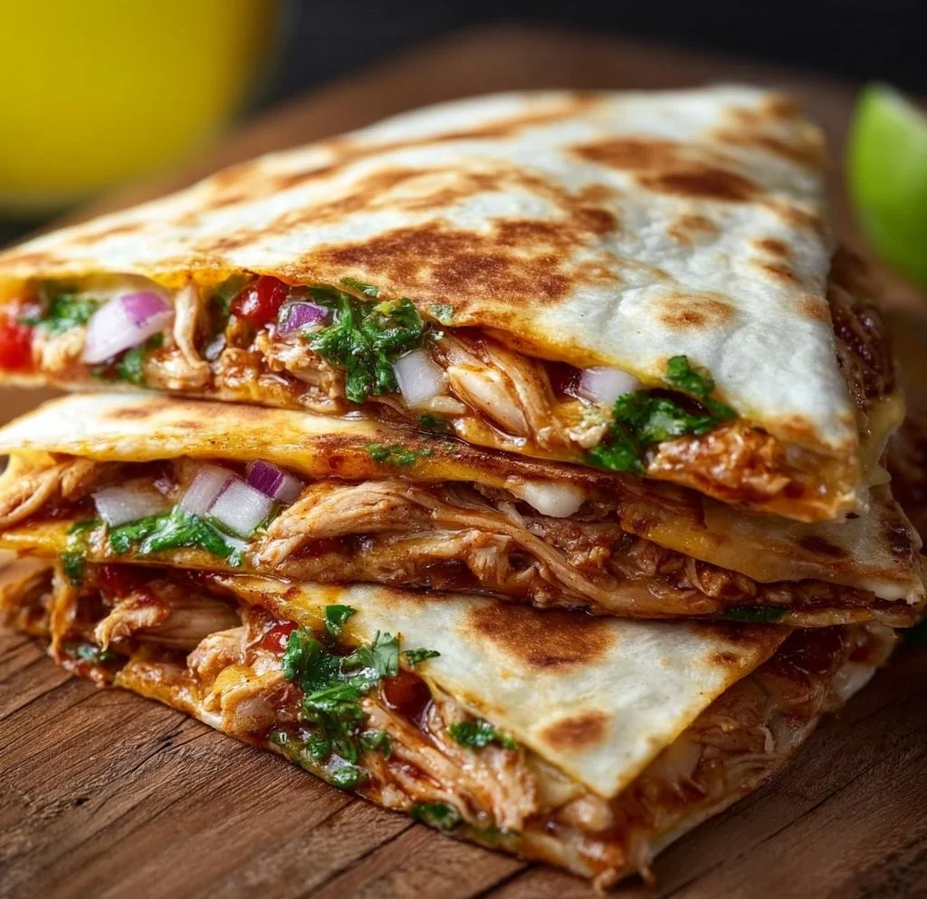 Delicious BBQ chicken quesadillas served with dipping sauce