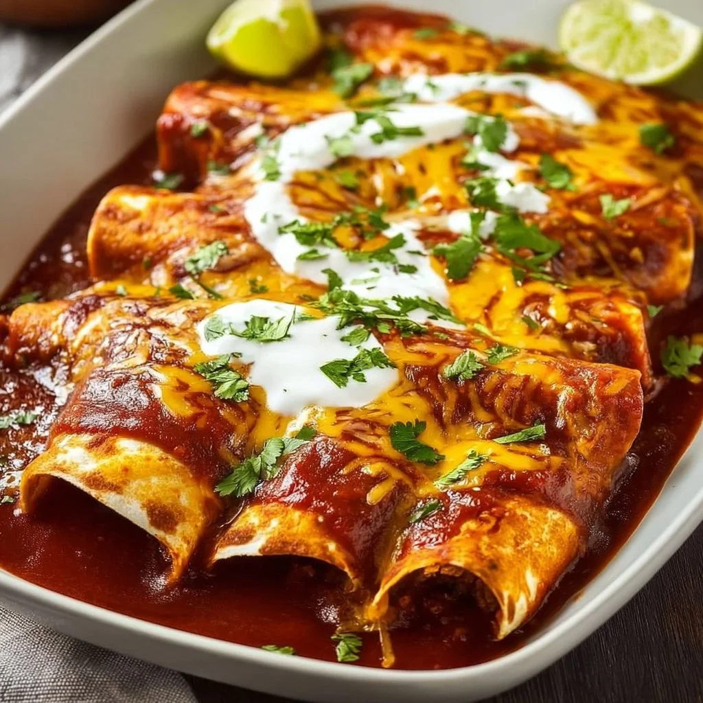 Delicious beef enchiladas topped with rich red sauce on a plate