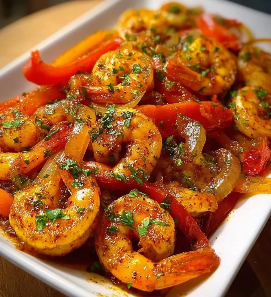 Plate of best shrimp fajitas with colorful peppers and onion
