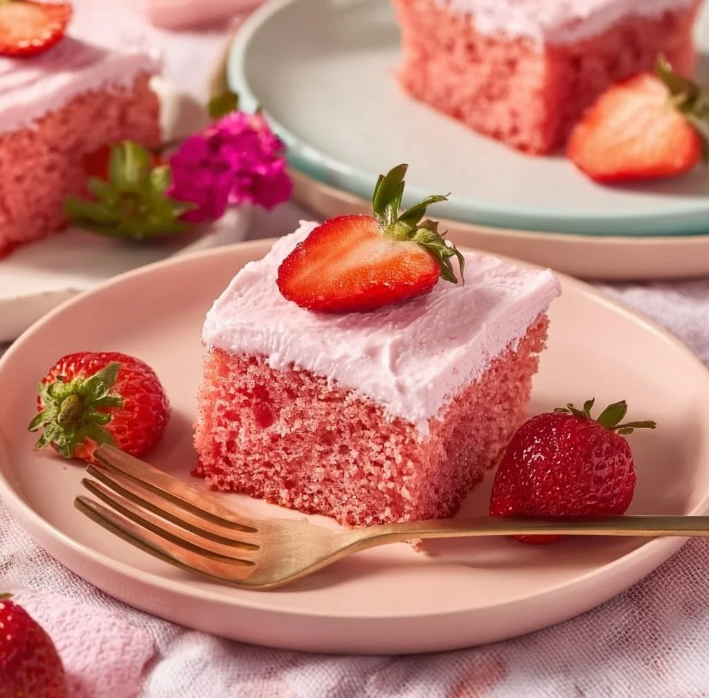 Deliciously decorated best strawberry sheet cake on a serving platter