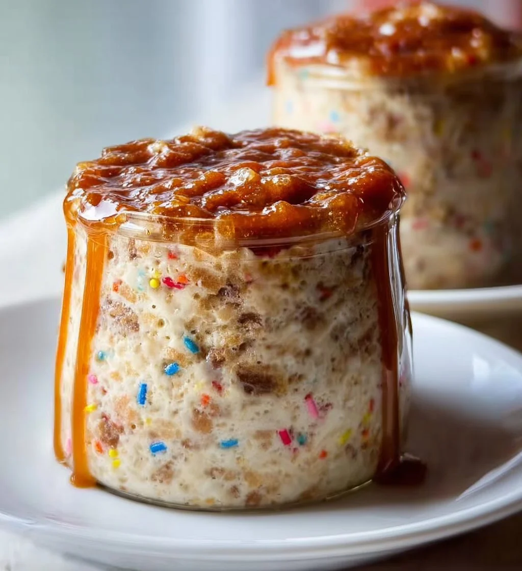 A bowl of birthday cake overnight oats topped with colorful sprinkles and berries.