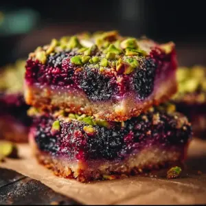 Delicious Blackberry Pistachio Dream Bars with vibrant berries and nuts.