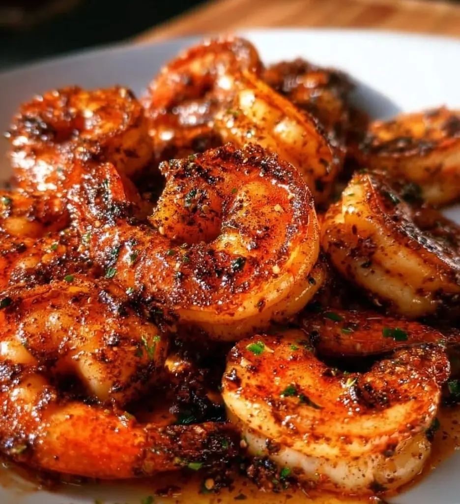 Plate of spicy blackened shrimp garnished with herbs