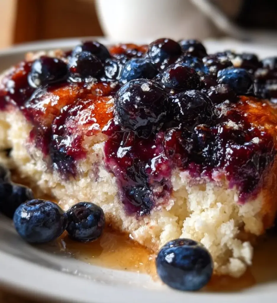 Blueberry Cottage Cheese Breakfast Bake topped with fresh blueberries