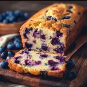 Loaf of Blueberry Cream Cheese Bread with fresh blueberries on top