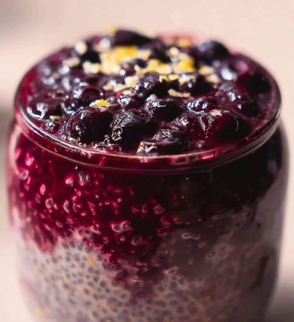A bowl of blueberry lemon overnight oats topped with fresh blueberries and lemon zest.