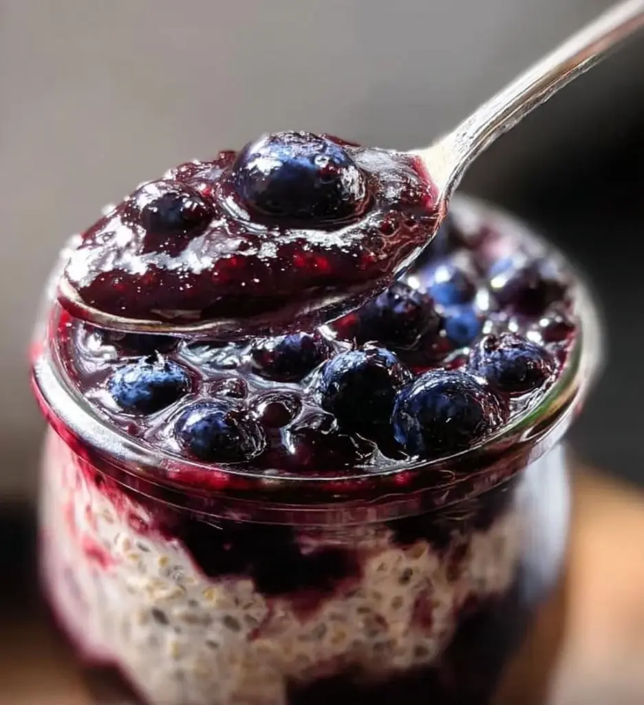 Bowl of blueberry overnight oats topped with fresh blueberries and almonds
