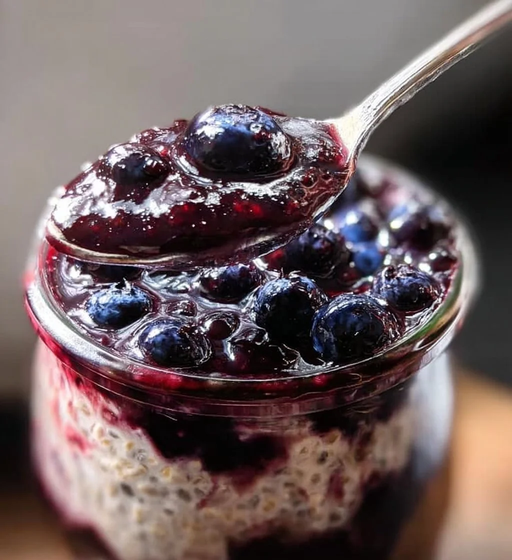 Bowl of blueberry overnight oats topped with fresh blueberries and almonds