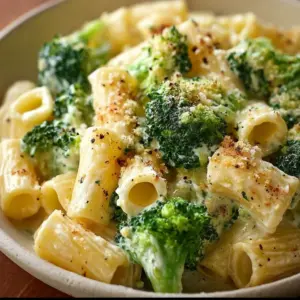 Creamy Boursin cheese pasta with broccoli served in a bowl