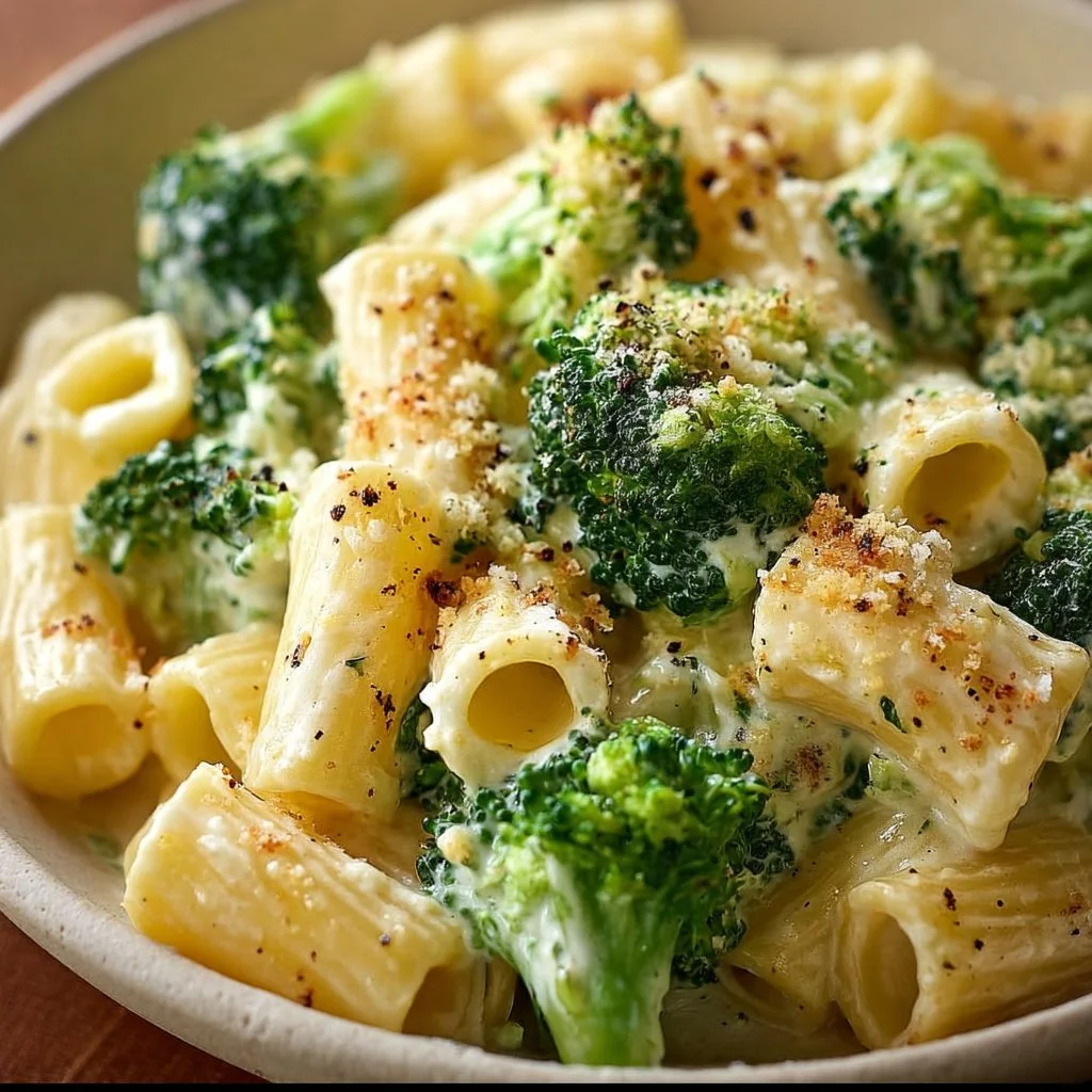Creamy Boursin cheese pasta with broccoli served in a bowl