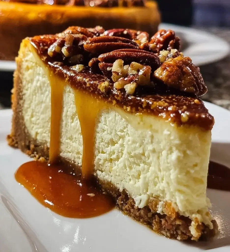 Delicious Browned Butter Pecan Cheesecake with creamy filling and pecan topping.