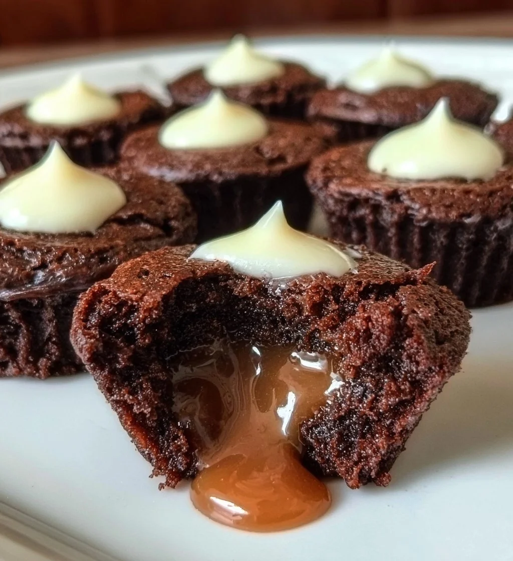 Delicious brownie bites filled with creamy caramel, perfect for desserts.