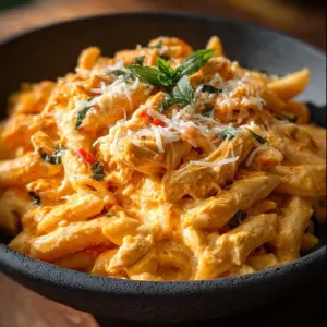 Delicious Buffalo Chicken Alfredo Pasta garnished with herbs