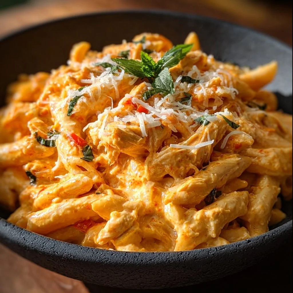 Delicious Buffalo Chicken Alfredo Pasta garnished with herbs