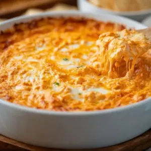 Oven-baked Buffalo Chicken Dip served in a dish with chips