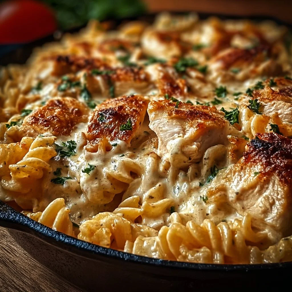 Cajun Cream Cheese Chicken Pasta Bake dish garnished with herbs