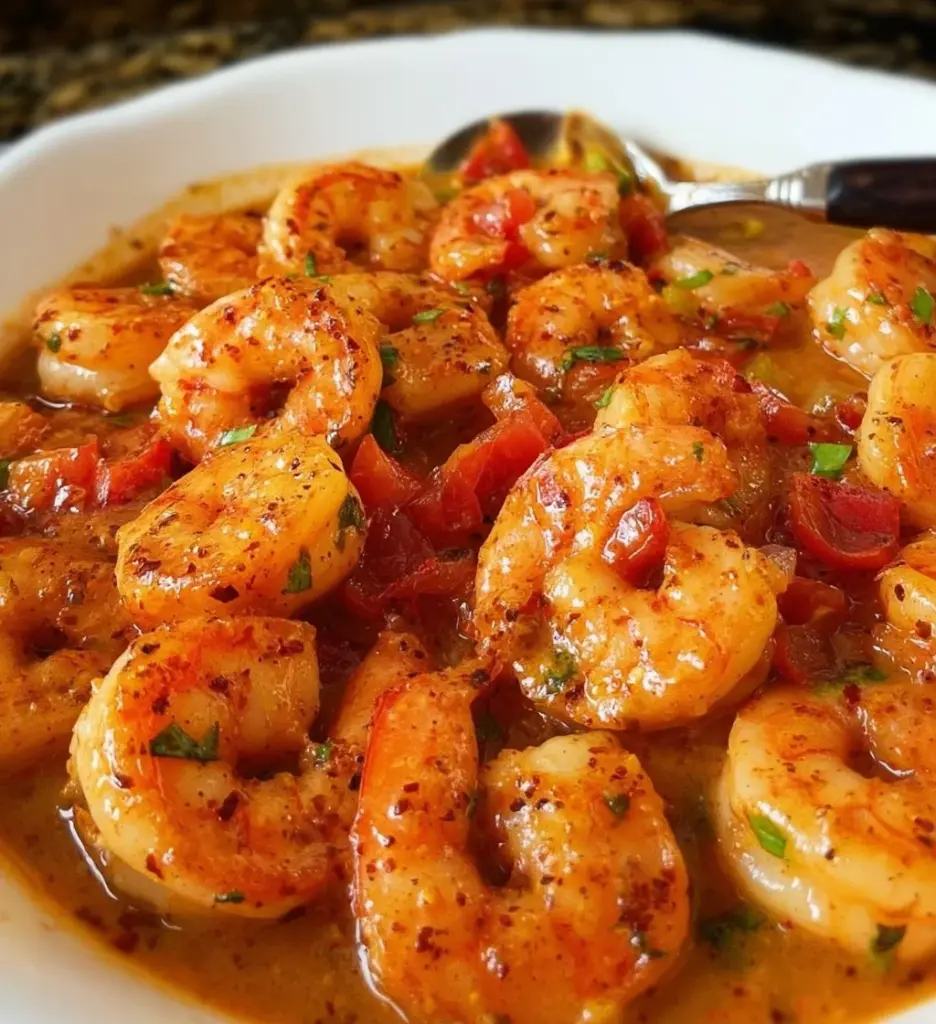 Delicious plate of Cajun Shrimp garnished with fresh herbs