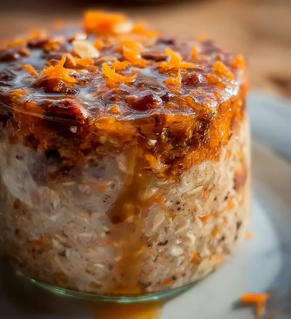 Bowl of Carrot Cake Overnight Oats topped with nuts and spices