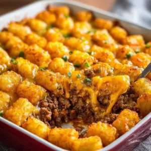 Cheesy beef and tater tot casserole served in a baking dish with melted cheese