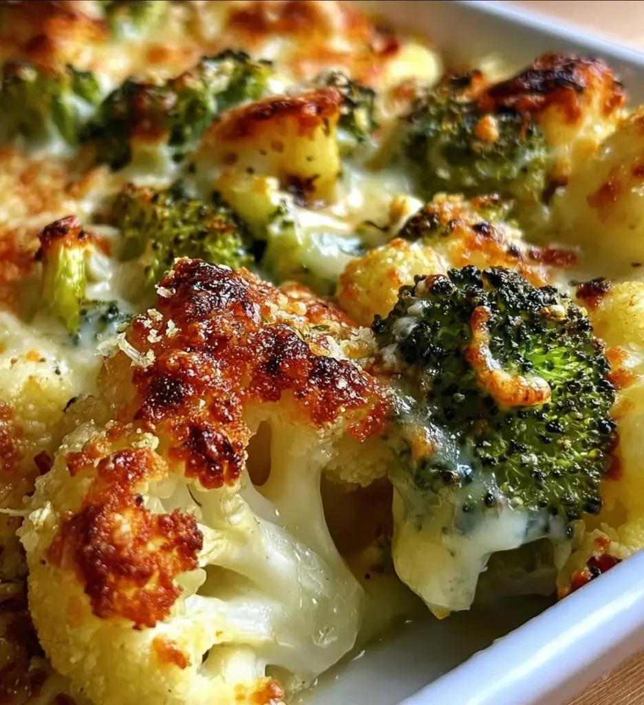 Creamy Cheesy Broccoli Cauliflower Bake topped with crispy breadcrumbs