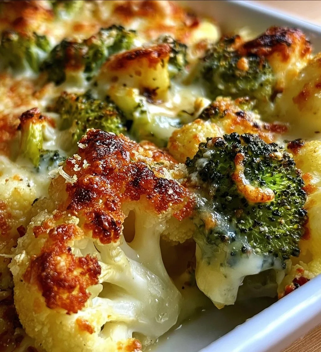 Creamy Cheesy Broccoli Cauliflower Bake topped with crispy breadcrumbs