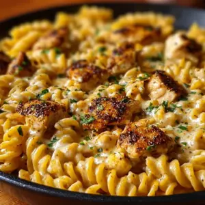 Creamy cheesy Cajun garlic chicken rotini skillet topped with fresh herbs.