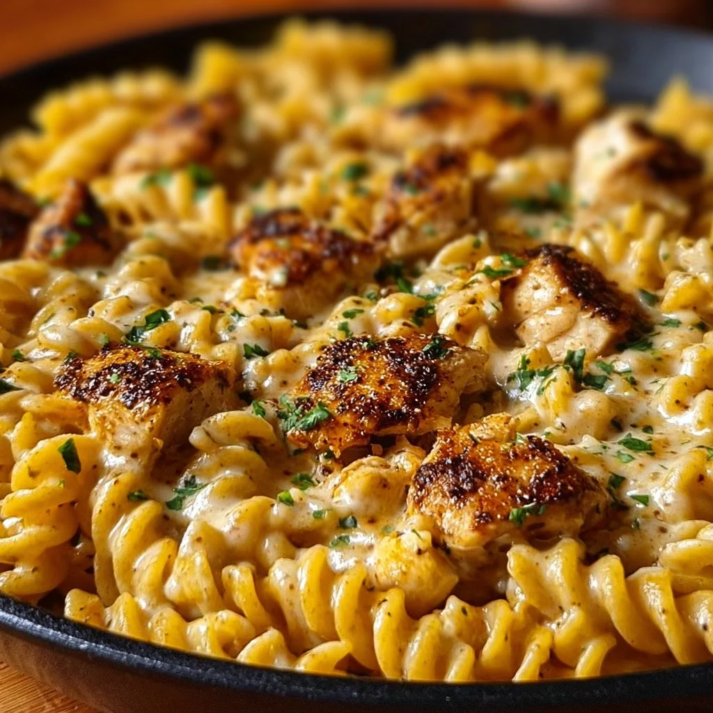 Creamy cheesy Cajun garlic chicken rotini skillet topped with fresh herbs.
