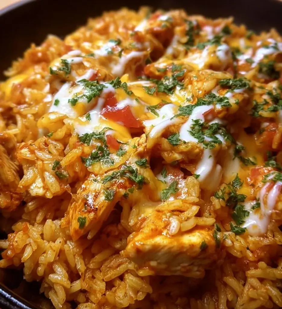 Cheesy Chicken Taco Rice dish served in a bowl with toppings.