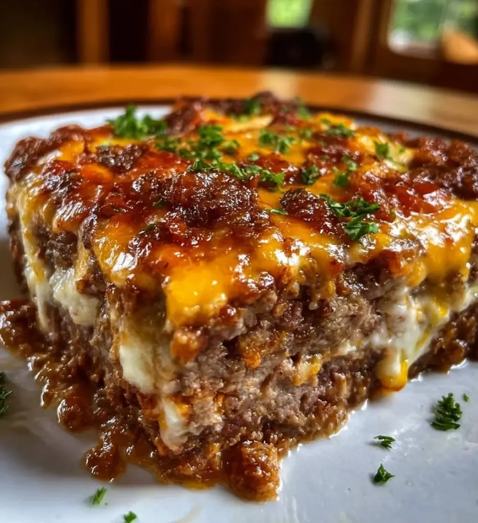 Delicious Cheesy Meatloaf Casserole served with a side of vegetables