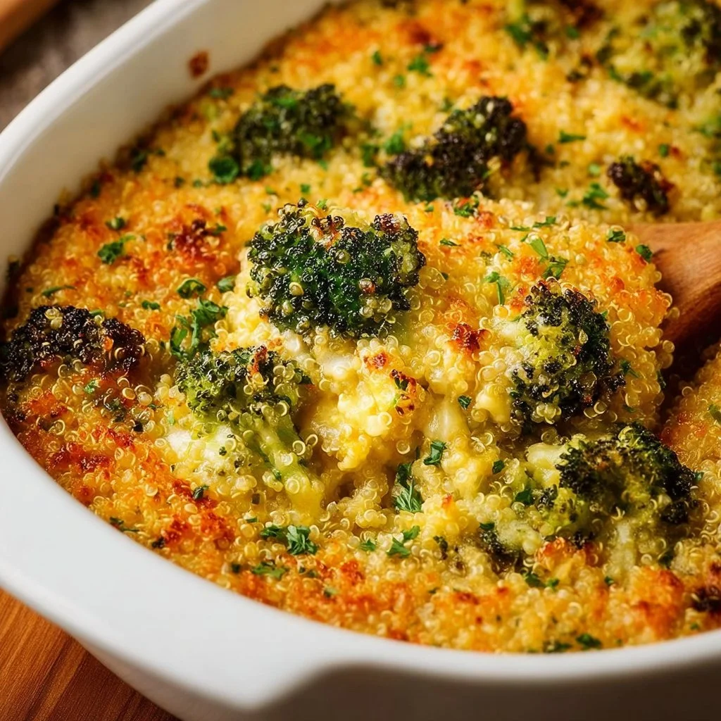 Cheesy Quinoa Broccoli Casserole topped with melted cheese and fresh broccoli