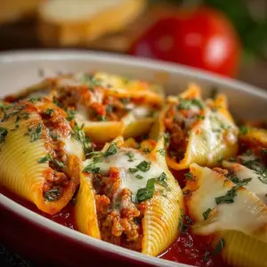 Cheesy stuffed shells filled with ricotta and mozzarella cheese, topped with marinara sauce.