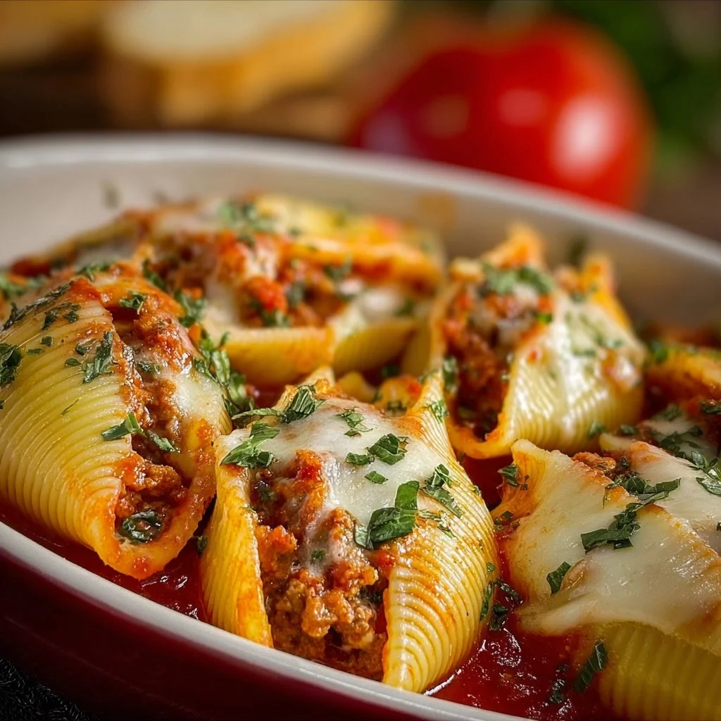 Cheesy stuffed shells filled with ricotta and mozzarella cheese, topped with marinara sauce.