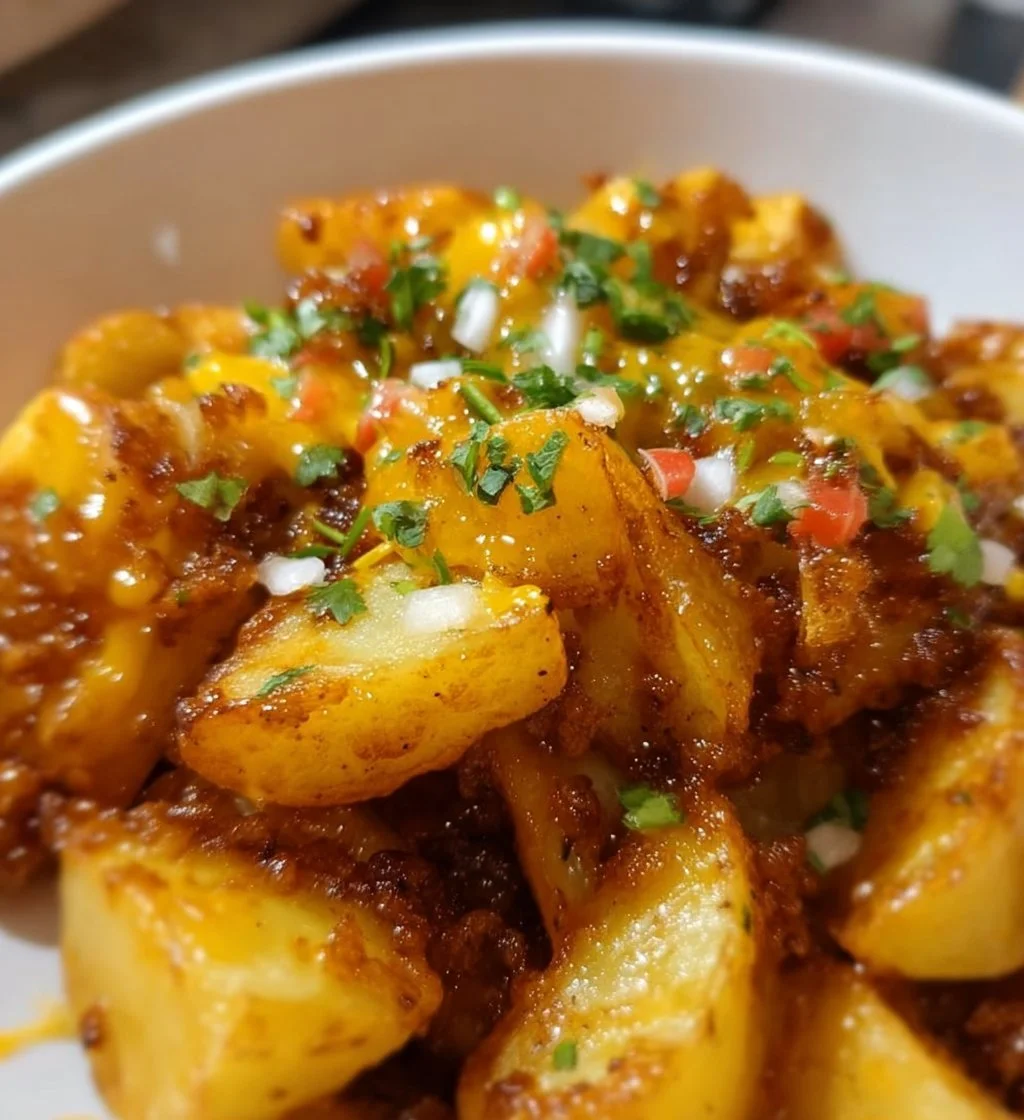 Cheesy Taco Potatoes topped with cheese and taco seasoning