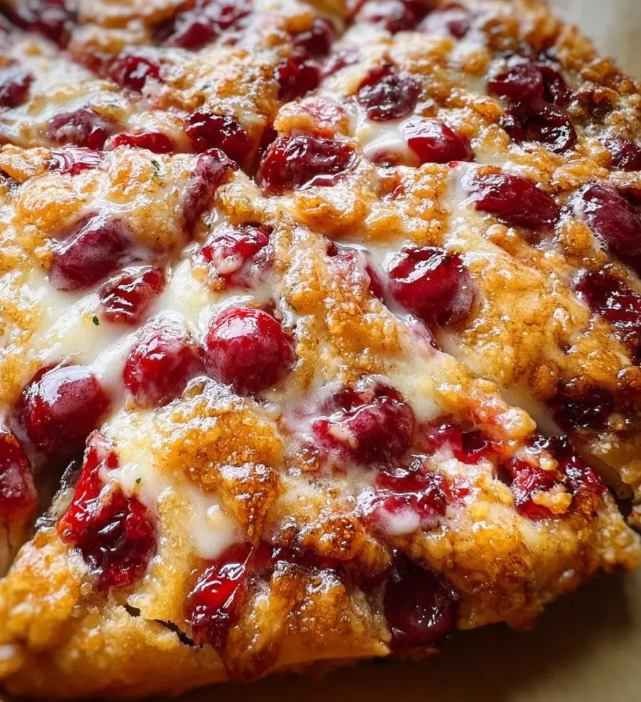 Delicious cherry dessert pizza topped with fresh cherries and creamy sauce