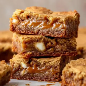 Chewy Biscoff blondies with a rich, caramel flavor and soft texture.