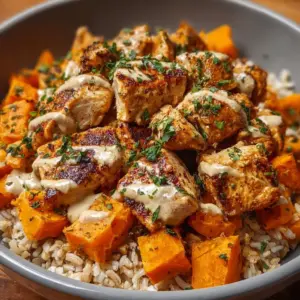 Delicious chicken and sweet potato rice bowl with vibrant vegetables and herbs
