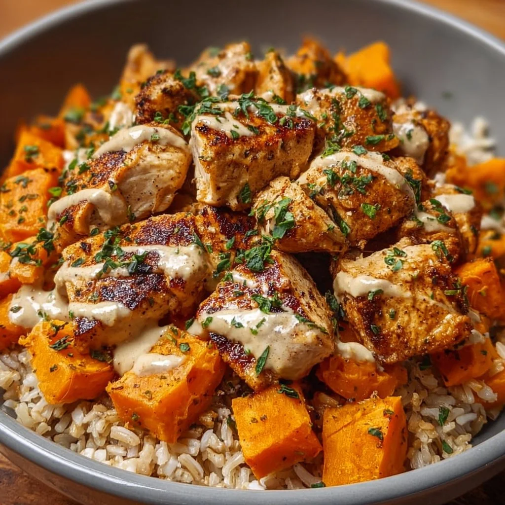 Delicious chicken and sweet potato rice bowl with vibrant vegetables and herbs