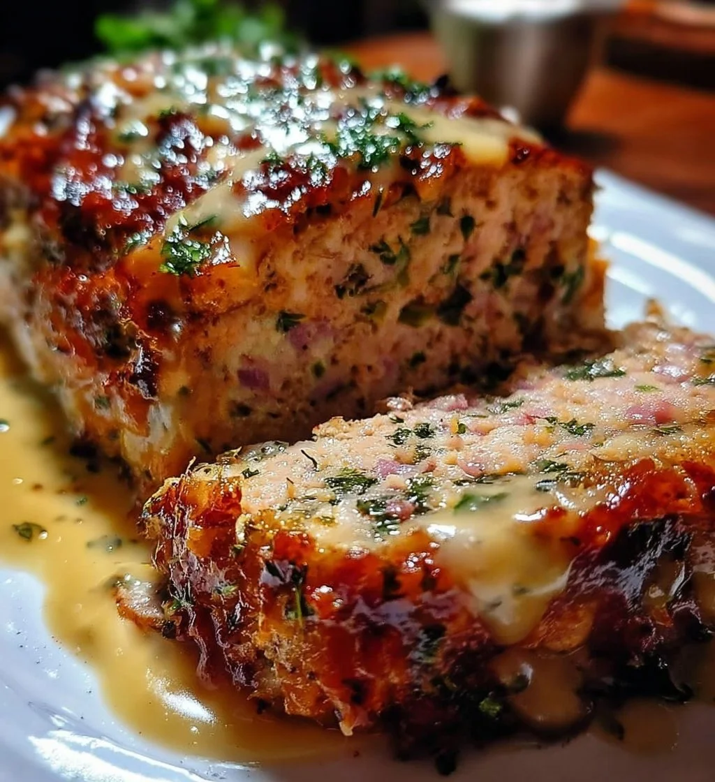 A savory Chicken Cordon Bleu Meatloaf garnished with herbs and served with a side.