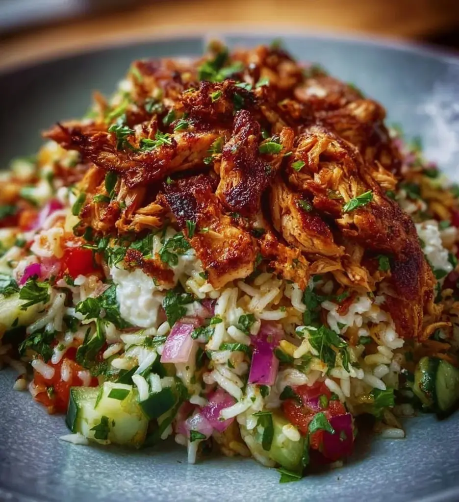 Delicious Chicken Shawarma Crispy Rice Salad with fresh vegetables and spices