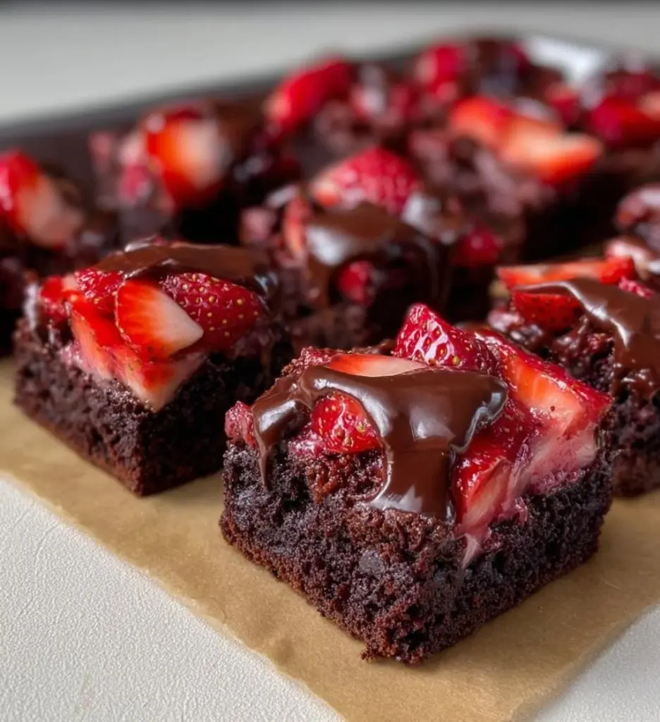 Delicious chocolate covered strawberry brownies displayed on a plate.