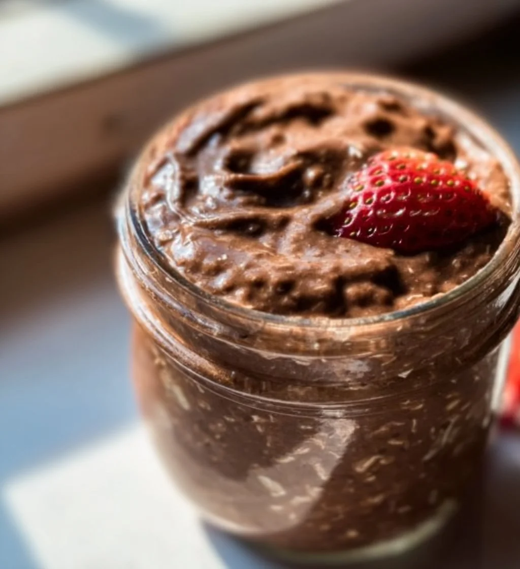 Bowl of Chocolate Overnight Oats topped with fresh berries and nuts.