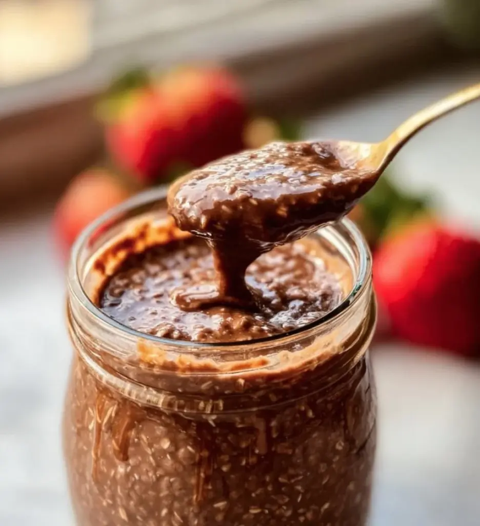 Bowl of chocolate overnight oats topped with fruit and nuts