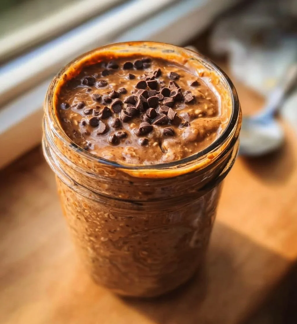 Bowl of chocolate peanut butter overnight oats topped with chocolate chips and nuts
