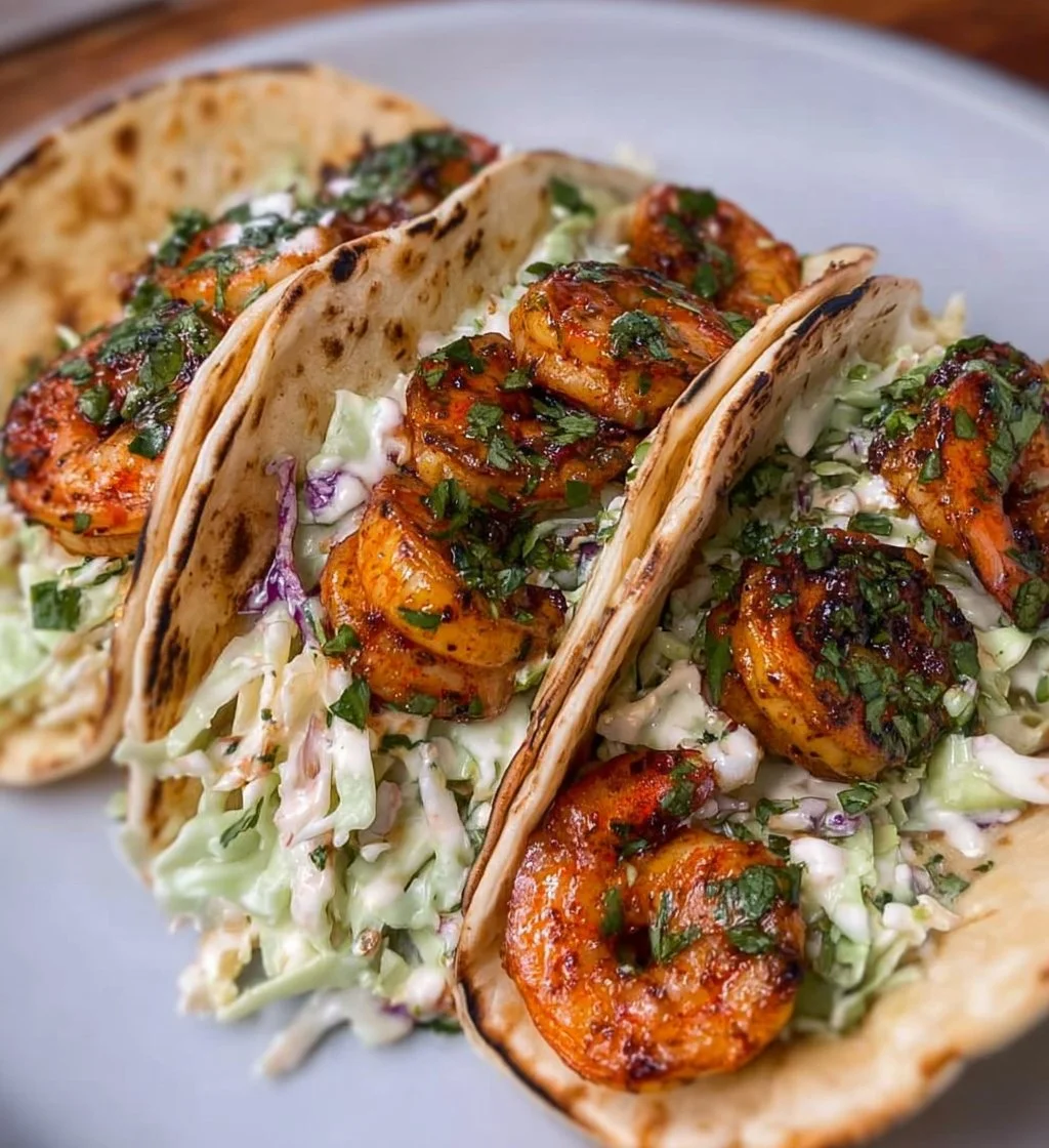 Delicious cilantro lime shrimp tacos with creamy slaw on a wooden board