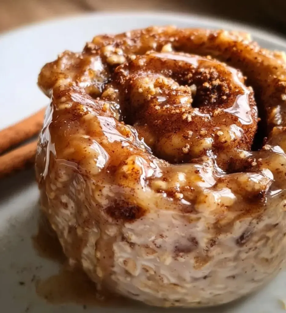 Bowl of cinnamon roll overnight oats topped with cinnamon and nuts