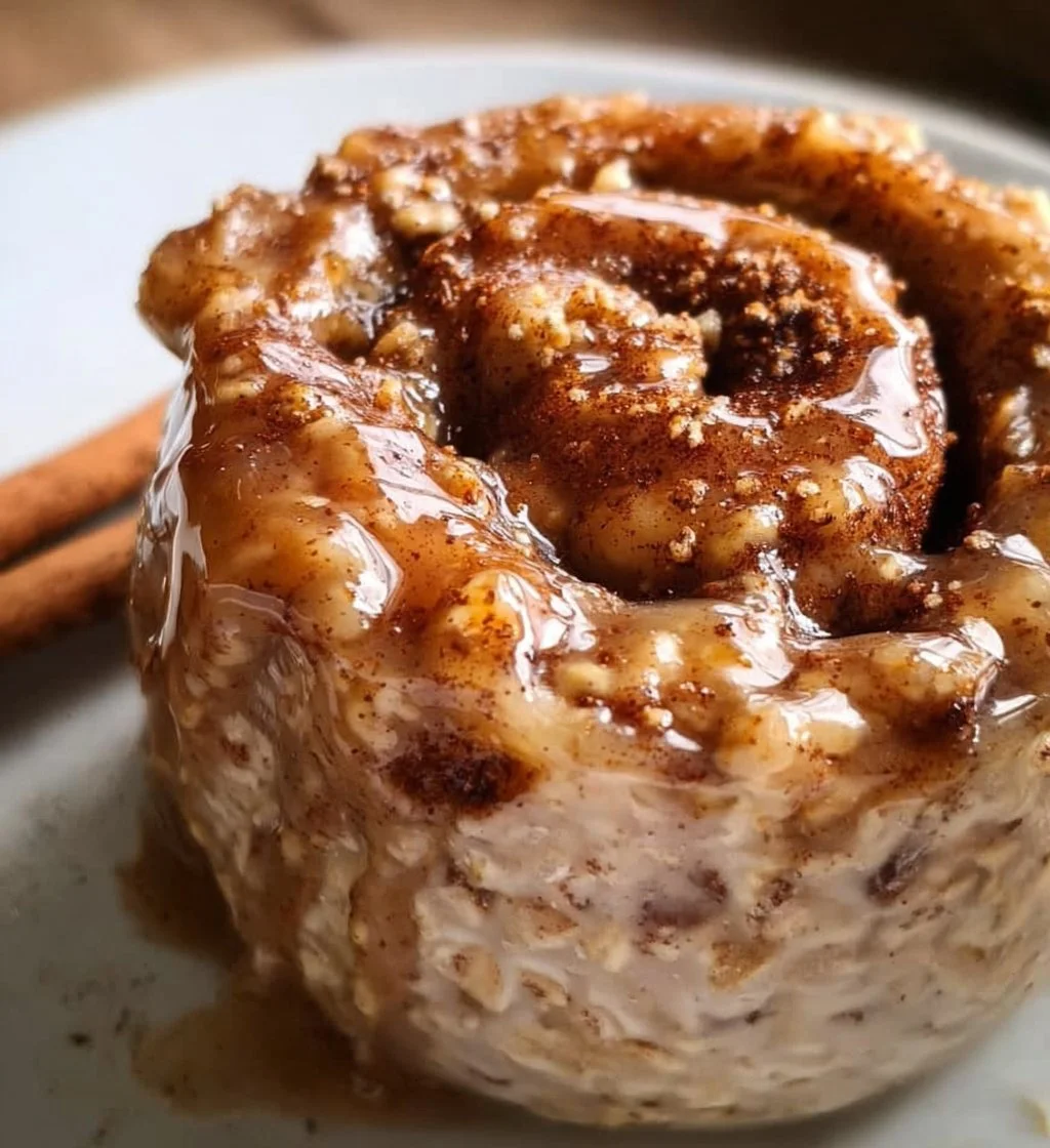 Bowl of cinnamon roll overnight oats topped with cinnamon and nuts